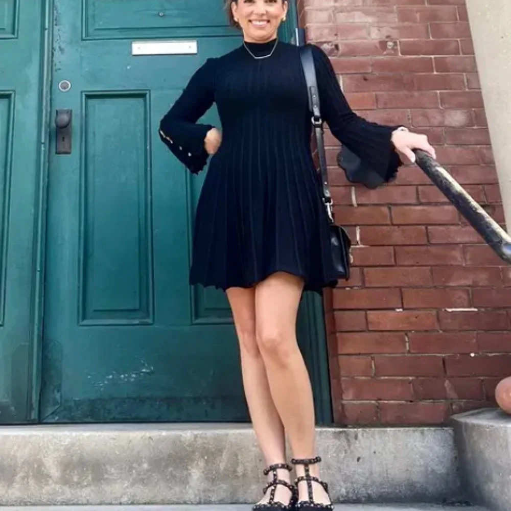 Maje Black Ribbed Knit Mini Dress SMALL Career Fit Flare Long Bell Sleeve $300 - Picture 9 of 13